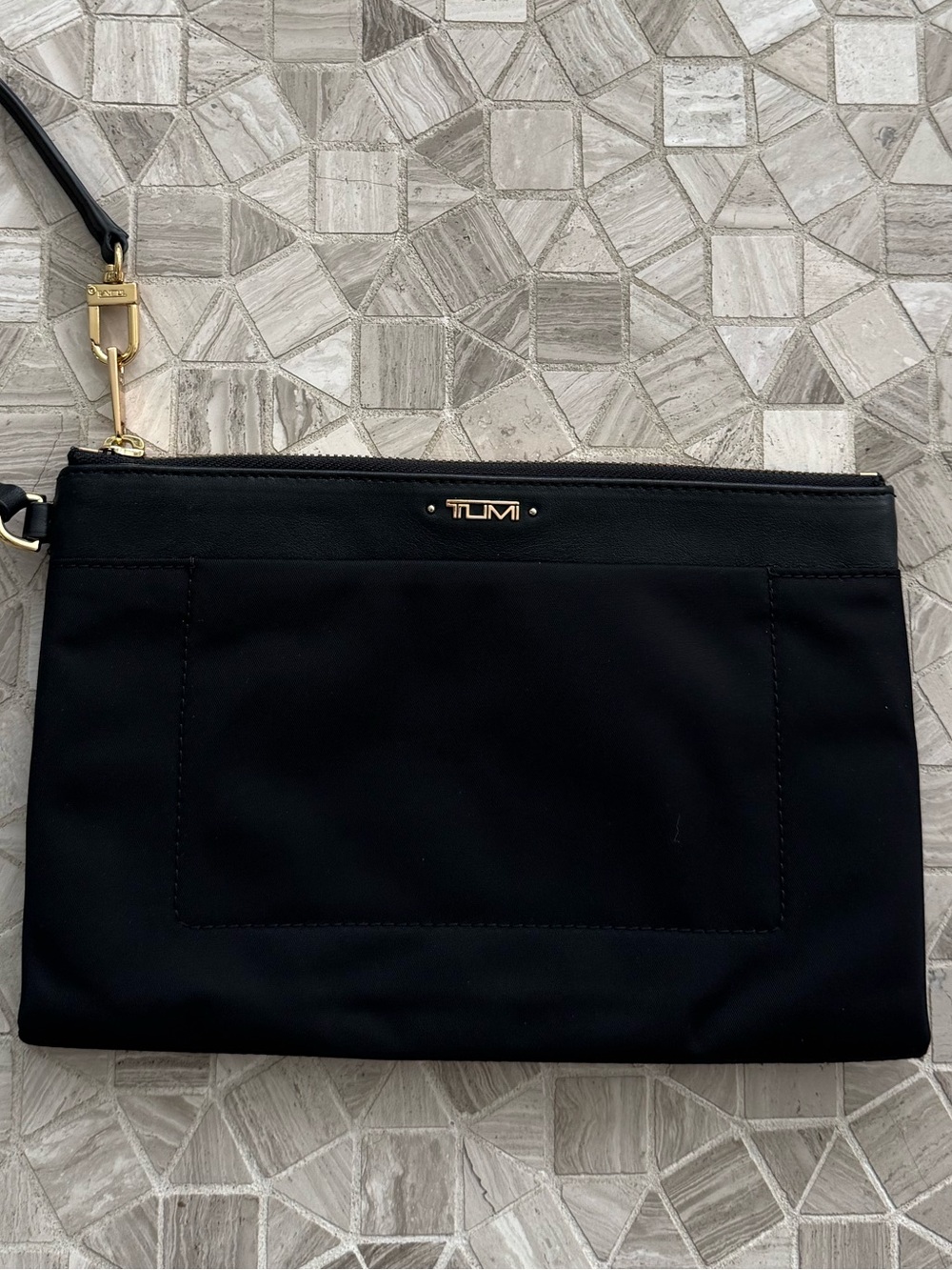 Tumi Black Nylon Wristlet Clutch/Pouch with Gold Hardware